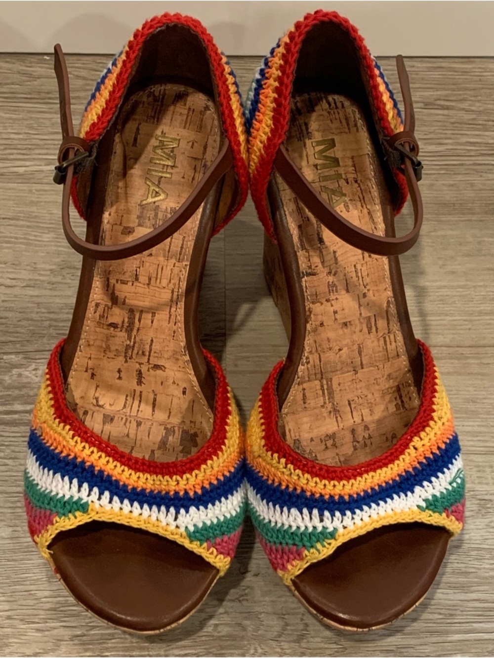 MIA Hannah Boho Rainbow Crochet Wedge Sandals With Ankle Straps